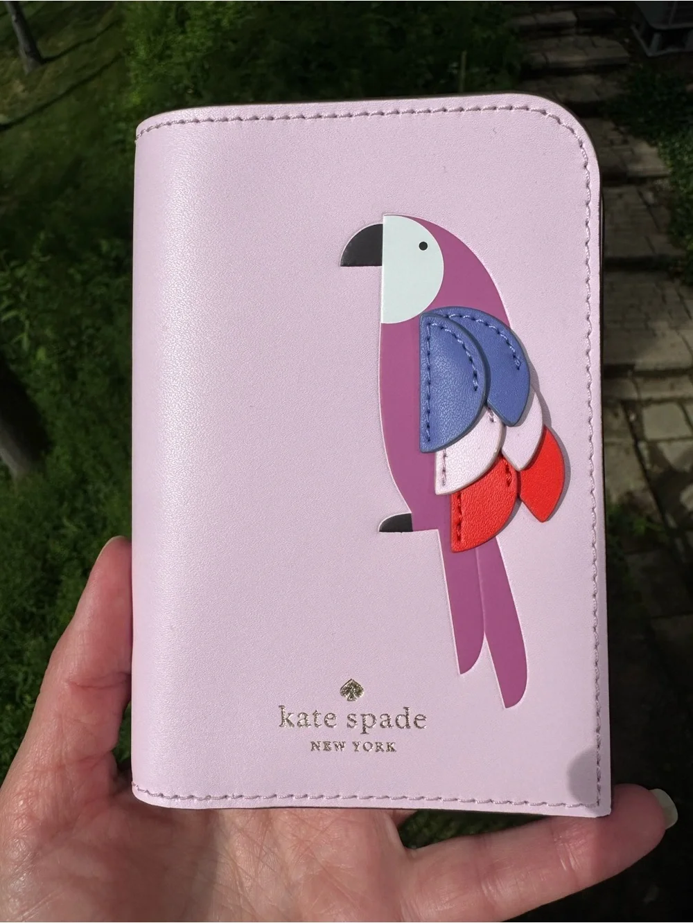 kate spade light pink passport cover with colorful parrot applique Nwot